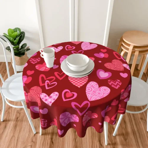 Vista 6 de Sweetshow Mantel redondo para el día de San Valentín de 60 pulgadas, rústico, romántico, rosa, rojo, corazón, estampado de corazón, con decoración