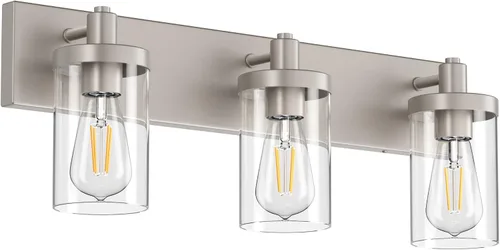 Vista 15 de Aipsun Accesorios de iluminación de tocador de baño, luz cromada, 2 luces, luz de baño de acero inoxidable con pantalla de vidrio transparente