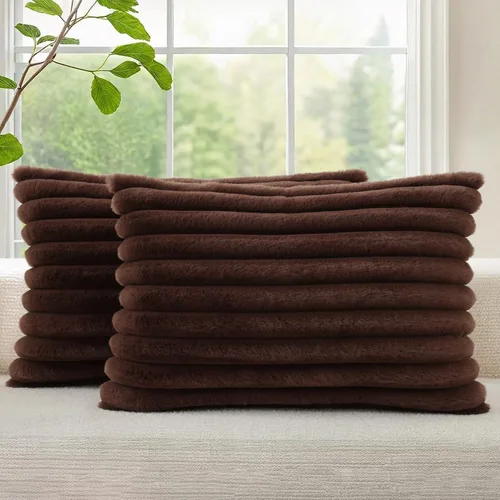 Vista 68 de decorUhome Fundas de almohada de piel sintética, juego de 2, decorativas, afelpadas, suaves, afelpadas, a rayas, parte posterior de terciopelo