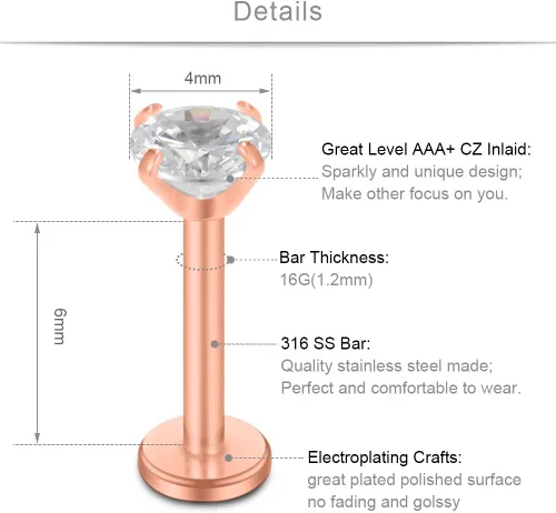 Vista 2 de SCERRING Anillos de labios de 16G con circonita cúbica transparente, Labret Monroe, anillo para labios, tragus, uñas, hélice, piercing de perno