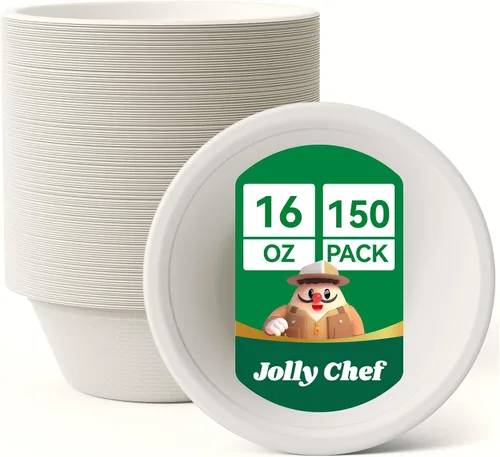 Vista 11 de JOLLY CHEF Cuencos de papel compostables desechables [12 oz] Recipientes para sopa resistentes [150 paquetes] Bagazo biodegradable apto