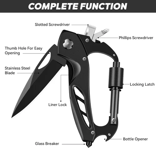 Vista 3 de Herramienta múltiple con mosquetón con cuchillo de bolsillo, equipo de supervivencia para camping y senderismo, llavero con mosquetones EDC