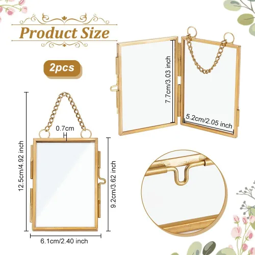 Vista 2 de OLYCRAFT 2 portarretratos de doble vidrio con cadena de 2 x 3 pulgadas, mini marcos de fotos de latón, marco plegable de latón, marcos de exhibición