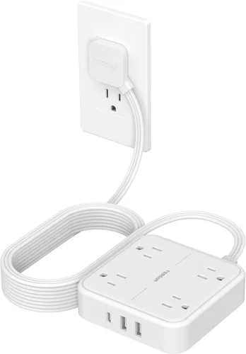 Vista 24 de TESSAN Cable de extensión plano protector de sobretensiones de 1 pie, regleta de enchufe con anillo con 4 tomas, 3 puertos USB (1 USB C), protección