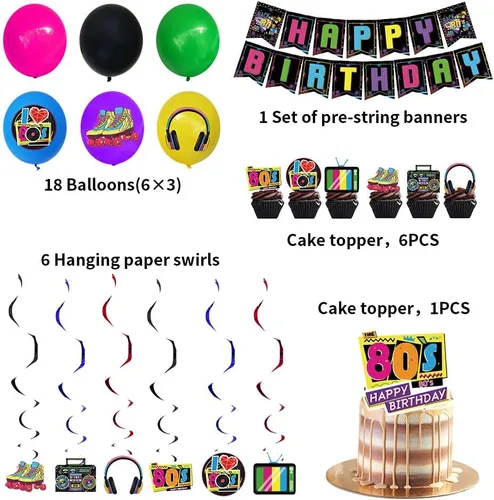 Vista 3 de Decoraciones de fiesta de cumpleaños de los años 80, cartel de feliz cumpleaños de los 80, retro para fiesta, espirales colgantes, globos de hip