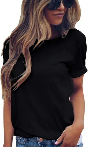 Vista 2 de Yesqueen Camiseta de algodón básica de verano para mujer, manga corta, cuello redondo, holgada, para verano