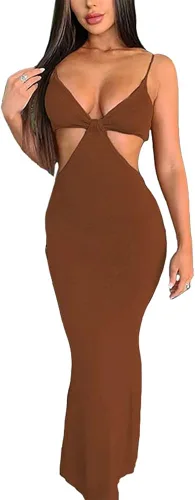 Vista 2 de Antopmen Vestido largo de punto con tirantes delgados para mujer, elegante, sexy, corte de fiesta, sin espalda, entallado, entallado