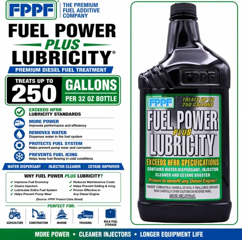 Vista 2 de 1 FPPF Lubricity Plus Fuel Power Diesel Treatment 90105 Treats up to 250 gallons of diesel fuel while cleaning injectors, dispersing water
