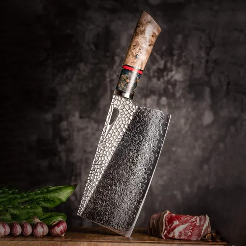 Vista 2 de Damascus Kitchen - Cuchillo chino de 7.5 pulgadas profesional hecho a mano con mango de madera estabilizado para carne y verduras en el hogar