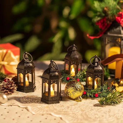Vista 3 de Mini faroles negros con velas LED, juego de 6 para centros