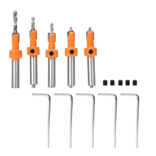 Vista 8 de Juego de 5 brocas avellanadas para taladrar madera, taladros para carpintería, taladros para carpintería, herramienta de carpintería con llaves