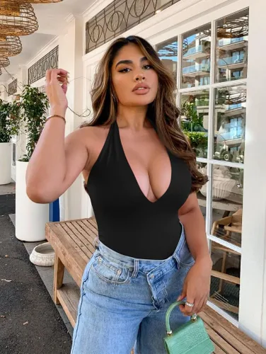 Vista 3 de YMDUCH Leotardo sexy sin mangas con cuello en V y espalda descubierta para mujer