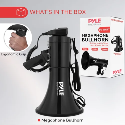 Vista 7 de Pyle 50W Megaphone Bullhorn - Portable, Automatic Siren & Adjustable Volume, Projection Range Up to 1200 Square Yards, Aux Input, Talk, Siren
