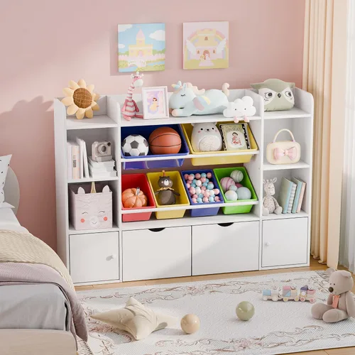 Vista 3 de Xilingol Organizador de Almacenamiento de Juguetes para Niños con 6 Cajones Desmontables, Organizador de Juguetes de 4 Niveles con 6 Compartimentos