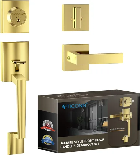 Vista 12 de TICONN Juego de manijas para puerta delantera doble, palanca de puerta cuadrada de servicio pesado y combo de cerrojo de cilindro único para puertas