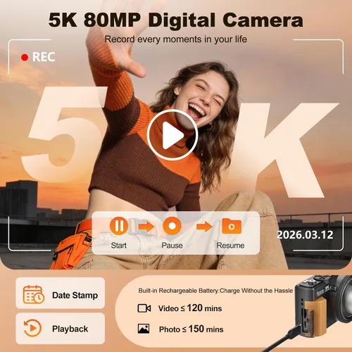 Vista 2 de Cámara digital 5K para fotografía, cámara de vlogging de 80MP para YouTube Negro
