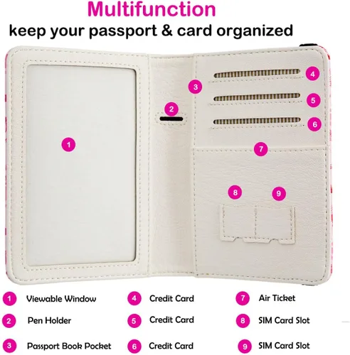 Vista 2 de Soporte para pasaporte para mujer, cartera de viaje con bloqueo RFID, funda de cuero para tarjetas, organizador de documentos de viaje, tarjetero