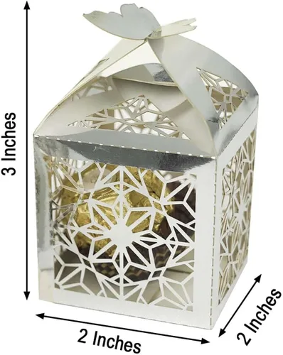 Vista 3 de Efavormart - 25 cajas de dulces con estampado de encaje con estampado de mariposa plateada, elegantes cajas de regalo con forma de mariposa