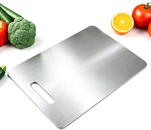 Vista 2 de Tabla de cortar de titanio para cocina, juego de tablas de cortar de acero inoxidable 304 para frutas, carne y verduras (12 x 8 pulgadas)