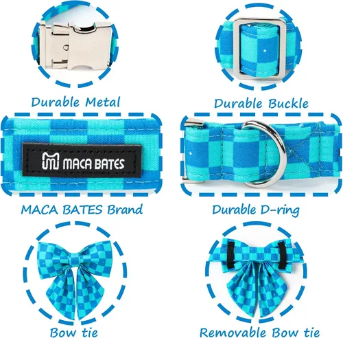 Vista 3 de Maca Bates - Collar de perro azul a cuadros con corbatín marinero con estampado de cuadrícula para cachorros, collar de cuadros ajustable, duradero