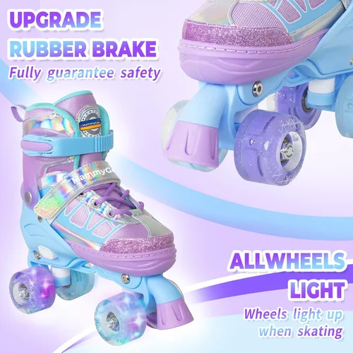 Vista 2 de MammyGol Roller Skates for Kids Boys Girls, Adjustable Quad Skates with Light Up Wheels for Toddler Little Kids Ages 6-12, Beginners Outdoor Sports