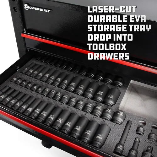 Vista 5 de Powerbuilt Master Juego de llaves de impacto de 63 piezas de 1/2 pulgada, extensiones, llaves de impacto métricas y SAE profundas/estándar, junta