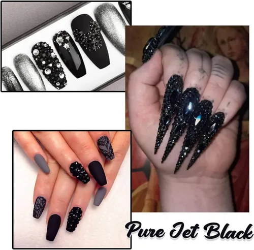 Vista 4 de Diamantes de imitación negros para uñas, 120 formas múltiples con parte trasera plana, gemas de cristales negros azabache + SS10 SS16 cuentas