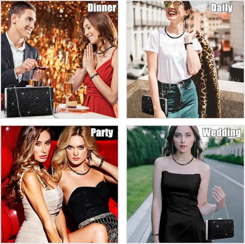 Vista 5 de Kigeli 4 piezas de diamantes de imitación para mujer, bolsa de embrague de noche, collar y pulsera para boda formal
