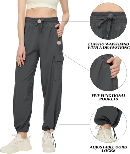 Vista 4 de Pantalones cargo de secado rápido, ligeros, tácticos, con 5 bolsillos, para mujer, cintura elástica y resistentes al agua