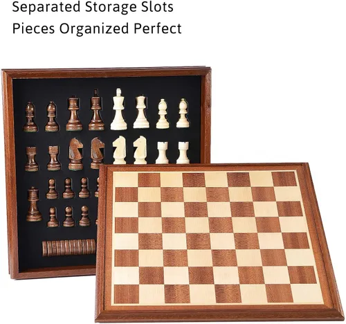 Vista 4 de VAMSLOVE Juegos de mesa de ajedrez y damas para adultos, tablero de madera de lujo de 15 pulgadas con caja de almacenamiento, tamaño grande clásico