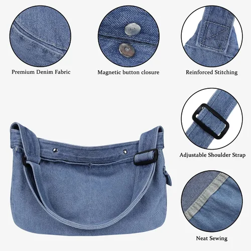 Vista 2 de Bolso bandolera de mezclilla, bolso cruzado grande tipo hobo, bolso de hombro casual, bolso de mano de jean para mujeres y hombres