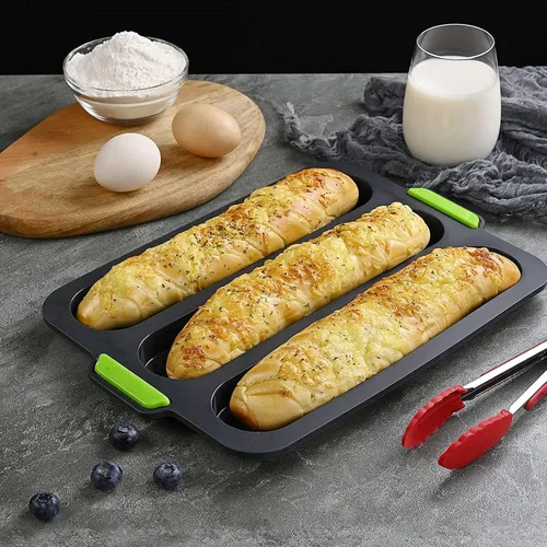 Vista 5 de Molde de silicona para baguette antiadherente, 3 ondas, pan francés para hornear (gris B)