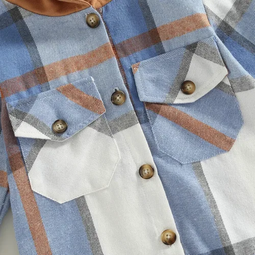 Vista 6 de Abrigo con capucha para bebés y niñas, de manga larga, con botones, a cuadros, casual, con bolsillos