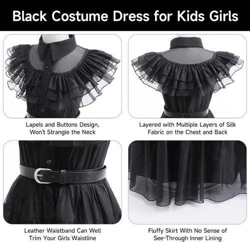 Vista 3 de Hellet Vestido de disfraz negro para niñas, vestido de princesa para familia, fiesta de Halloween, cosplay, vestido negro