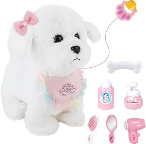 Vista 8 de Jimate Juguete electrónico interactivo de peluche robot que camina y ladra, gato de peluche con control remoto para niñas (gato blanco)