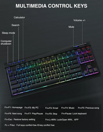 Vista 8 de GOYIGO - Teclado mecánico con interruptores azules clicky, 75% TKL RGB retroiluminado para juegos, teclas completas programables anti-fantasma