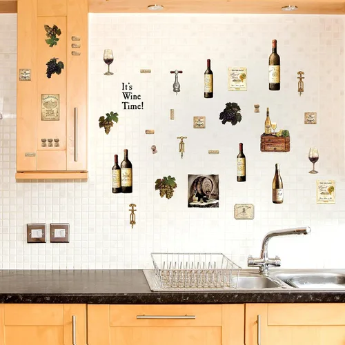 Vista 5 de 8 hojas de calcomanías de pared para botella de vino, calcomanías de pared de frutas de uva, decoración de cocina, calcomanías de cata de vinos