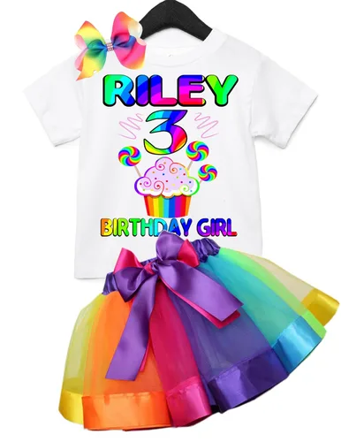 Vista 7 de Conjunto de cumpleaños personalizado para cupcakes, camiseta de cumpleaños de arco iris, camisa de 2 piezas con clip para el pelo que elijas, traje