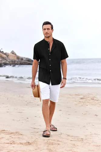 Vista 2 de Ryannology Guayabera - Camisas de lino de manga corta con botones para hombre, estilo casual, playa, campamento cubano, camisa mexicana para hombre