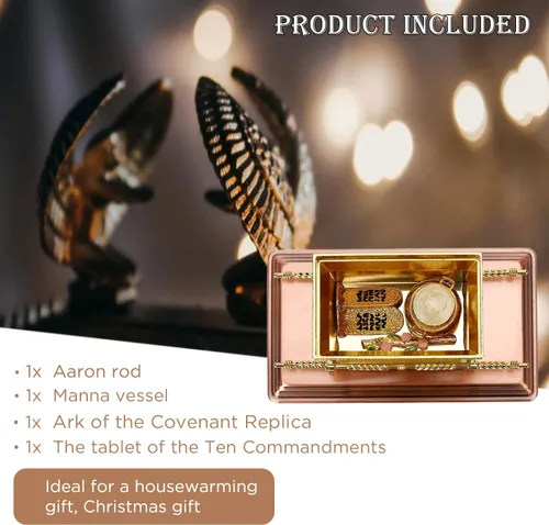 Vista 6 de Réplica del Arca del Pacto, modelo Mini Arca de la Alianza, estatua chapada en oro con varilla de Aaron, recipiente de maná, tabletas, decoración