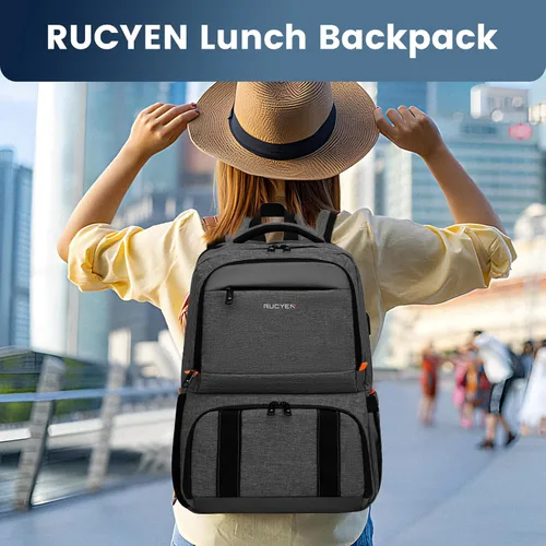 Vista 5 de Mochila de almuerzo, mochila con aislamiento térmico para hombres y mujeres, mochila para portátil con protección RFID y puerto USB, Negro, 15,6