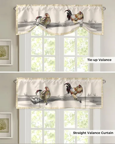 Vista 5 de Cenefas de amarre de gallo de granja para ventanas, cocina, baño/dormitorio, pintura de pollo de granja rústica, cenefa ajustable para ventana