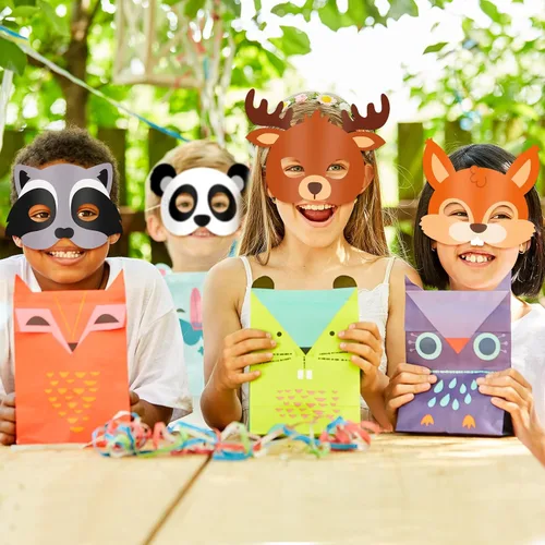 Vista 5 de Blulu 12 máscaras de animales para niños, amigos del bosque, máscaras de dibujos animados, animales del bosque de la selva, fiesta temática