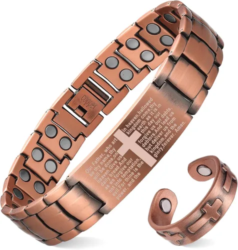Vista 8 de MagEnergy Pulsera de cobre para hombre, pulsera magnética cristiana con imanes ultra fuertes, diseño de cruz bíblica ajustable, regalo de joyería