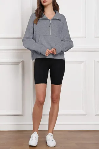 Vista 5 de Trendy Queen Sudadera corta con media cremallera para mujer, sudadera de forro polar con cremallera de un cuarto, ropa de invierno, suéter