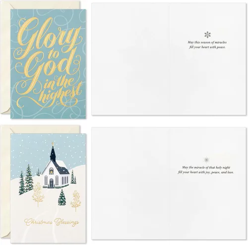 Vista 4 de Hallmark Surtido de tarjetas religiosas de Navidad, paz celestial (36 tarjetas y sobres) Azul polvoriento y lámina dorada