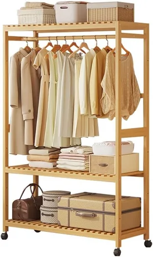 Vista 7 de Bamboo Wardrobe/Clothes Rail/Clothes Rack/Garment Rack,Free Standing Clothes Rail with Wheels,Open Wardrobe with Shelves,for Entryway Living Room