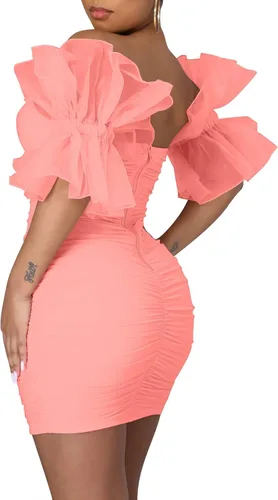 Vista 4 de hibshaby - Vestido sexi ajustado para mujer, mangas abullonadas, para cóctel, fiesta de noche, vestidos cortos elegantes