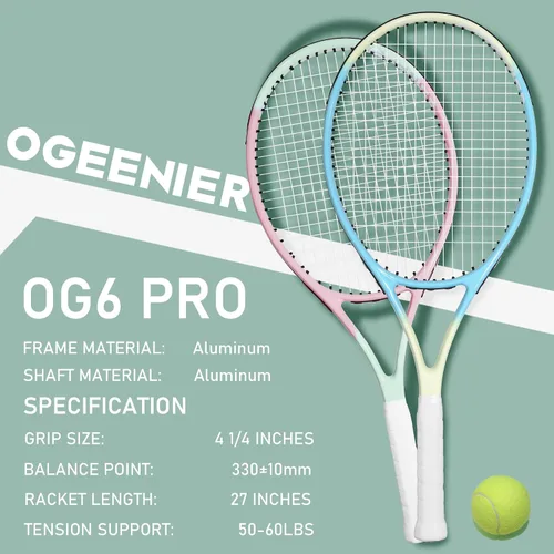 Vista 2 de OGEENIER Juego de 2 raquetas de tenis para adultos, 27 pulgadas preencordadas para principiantes, juego de raquetas de tenis de aluminio ligeras