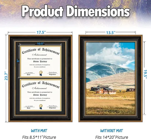 Vista 3 de AUEAR, Marco de diploma doble de 14 x 20 pulgadas con 2 aberturas para dos certificados de 8.5 x 11, exhibición de pared y cristal real